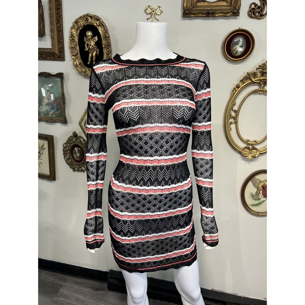Karen Millen Dress Womens XS Black Crochet Knit Striped Long Sleeve Bodycon Mini